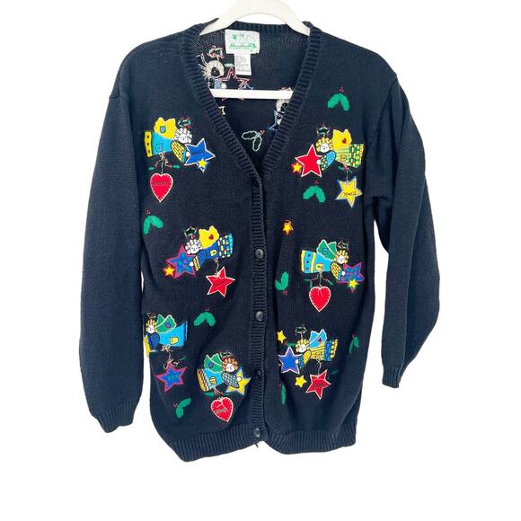 The Quacker Factory Womens Vintage Angels Ugly Christmas Sweater Cardigan Size L - Picture 2 of 9